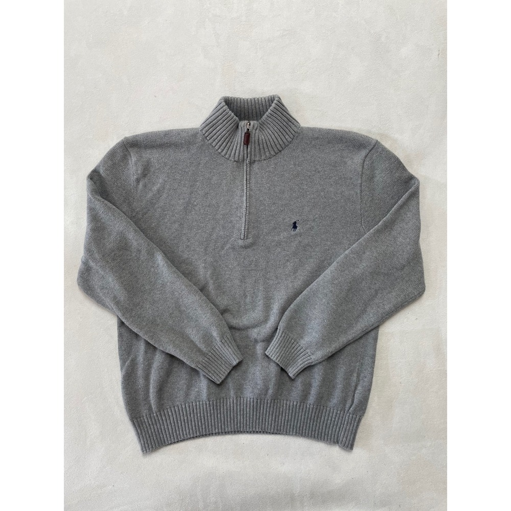 Polo Ralph Lauren Men XL Gray 100% Cotton Quarter Zip Sweater Leather Pull